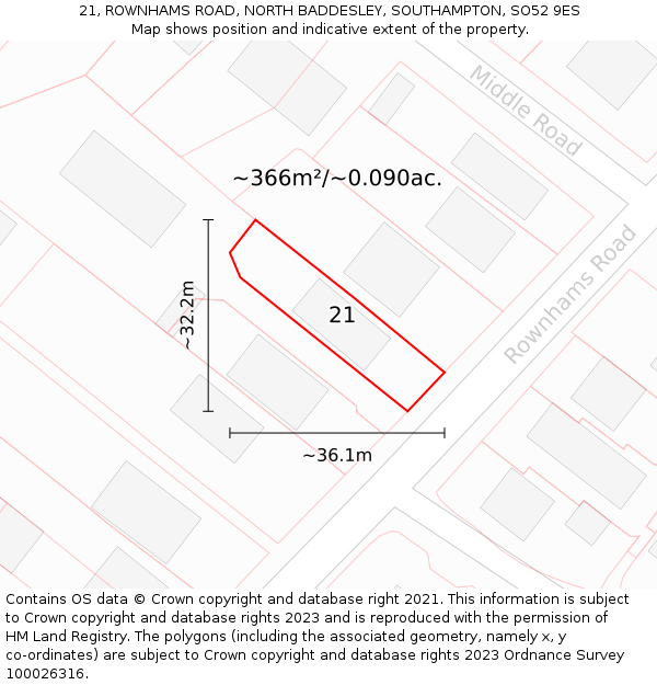 21, ROWNHAMS ROAD, NORTH BADDESLEY, SOUTHAMPTON, SO52 9ES: Plot and title map