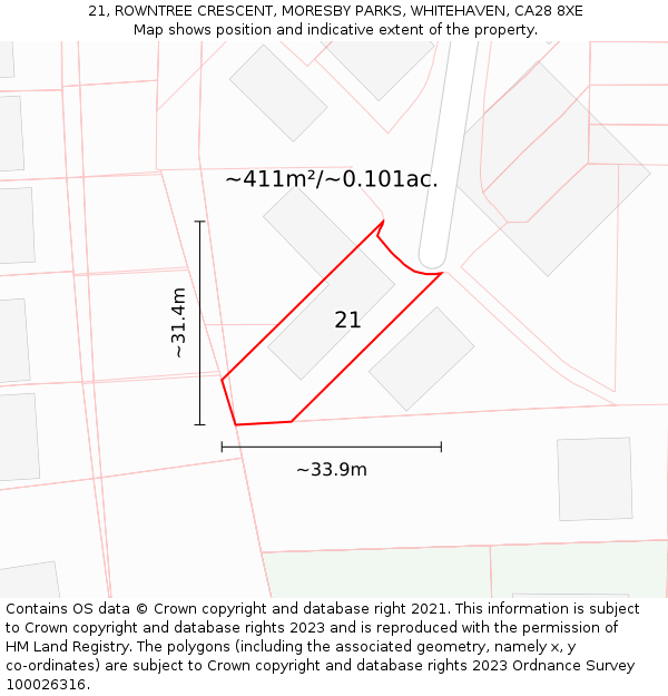 21, ROWNTREE CRESCENT, MORESBY PARKS, WHITEHAVEN, CA28 8XE: Plot and title map