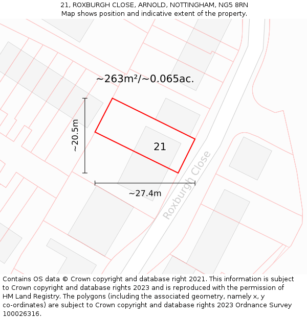 21, ROXBURGH CLOSE, ARNOLD, NOTTINGHAM, NG5 8RN: Plot and title map