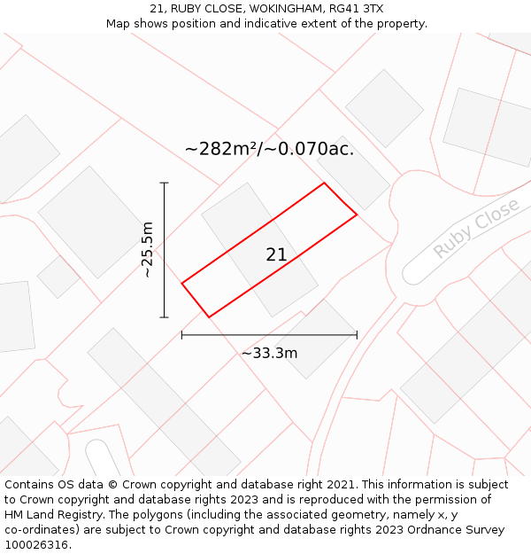 21, RUBY CLOSE, WOKINGHAM, RG41 3TX: Plot and title map