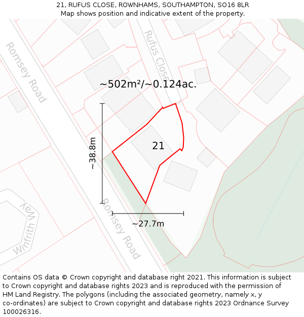 21, RUFUS CLOSE, ROWNHAMS, SOUTHAMPTON, SO16 8LR: Plot and title map