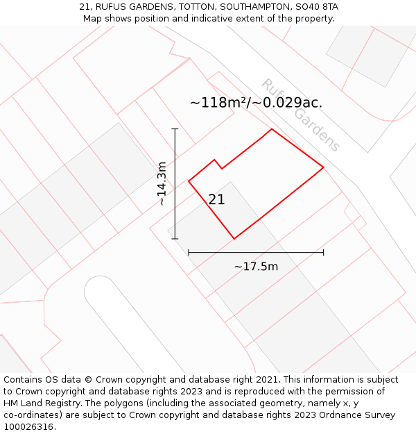21, RUFUS GARDENS, TOTTON, SOUTHAMPTON, SO40 8TA: Plot and title map
