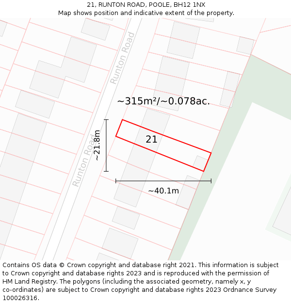 21, RUNTON ROAD, POOLE, BH12 1NX: Plot and title map