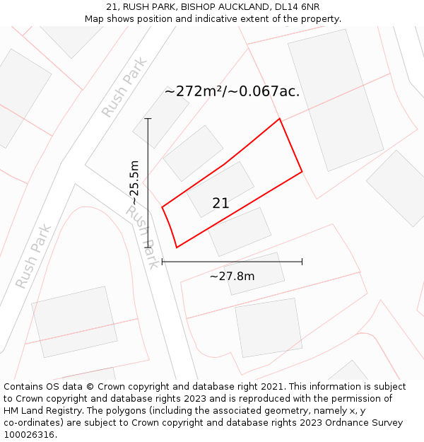 21, RUSH PARK, BISHOP AUCKLAND, DL14 6NR: Plot and title map