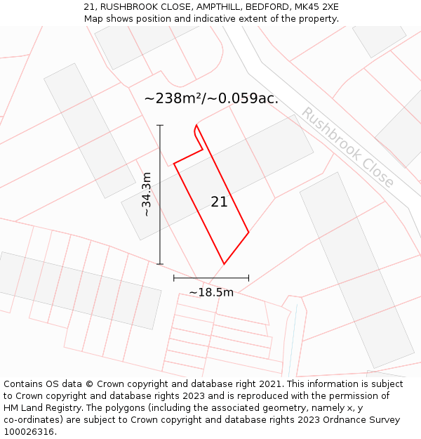 21, RUSHBROOK CLOSE, AMPTHILL, BEDFORD, MK45 2XE: Plot and title map
