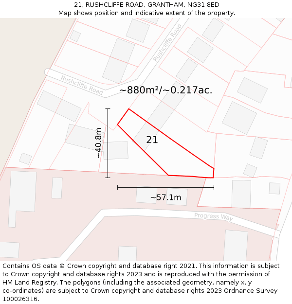 21, RUSHCLIFFE ROAD, GRANTHAM, NG31 8ED: Plot and title map