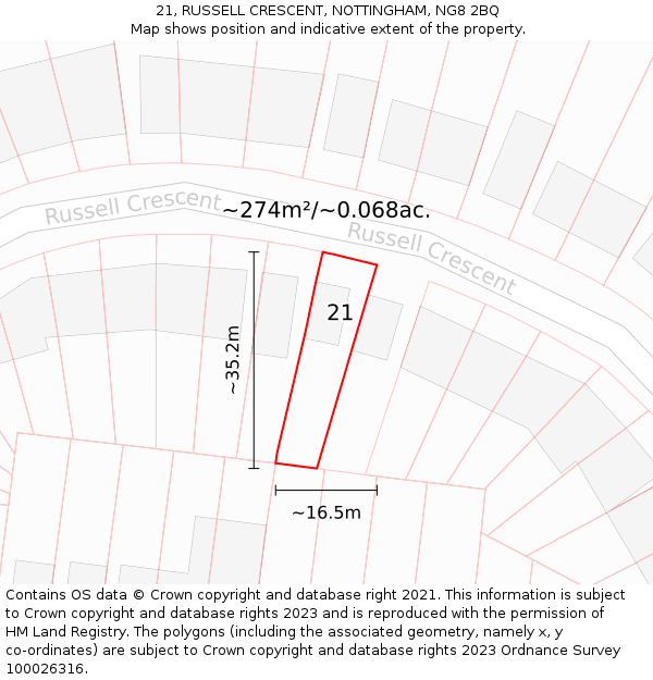 21, RUSSELL CRESCENT, NOTTINGHAM, NG8 2BQ: Plot and title map