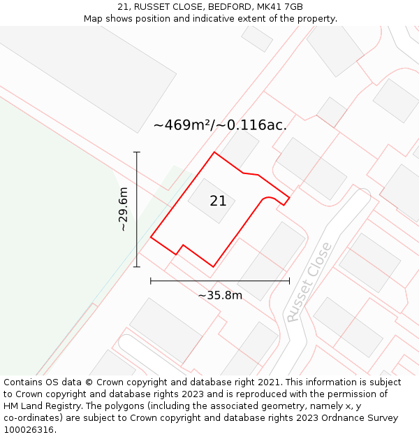 21, RUSSET CLOSE, BEDFORD, MK41 7GB: Plot and title map