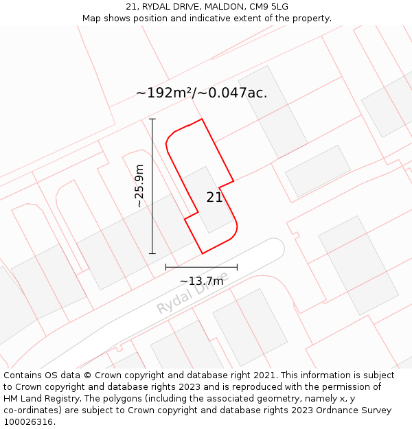 21, RYDAL DRIVE, MALDON, CM9 5LG: Plot and title map