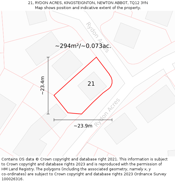 21, RYDON ACRES, KINGSTEIGNTON, NEWTON ABBOT, TQ12 3YN: Plot and title map