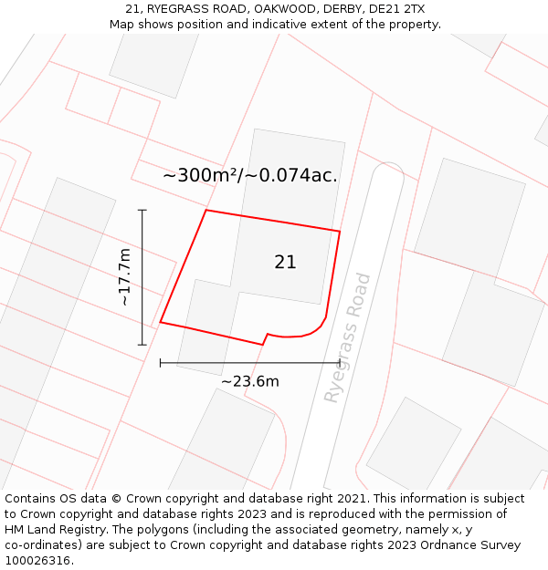 21, RYEGRASS ROAD, OAKWOOD, DERBY, DE21 2TX: Plot and title map