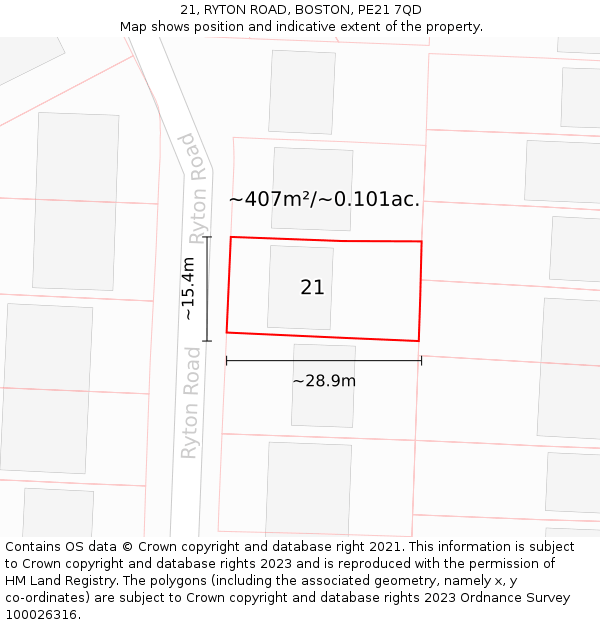 21, RYTON ROAD, BOSTON, PE21 7QD: Plot and title map