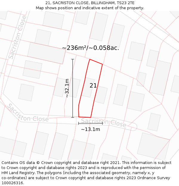 21, SACRISTON CLOSE, BILLINGHAM, TS23 2TE: Plot and title map