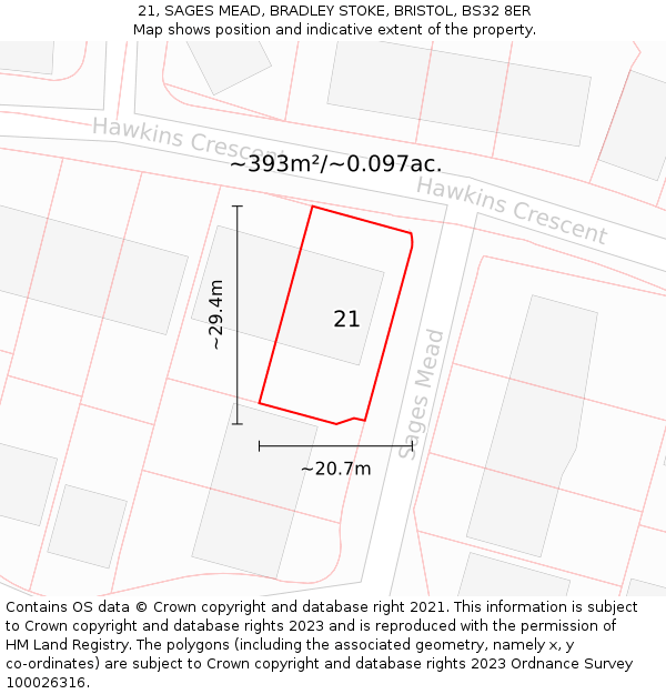 21, SAGES MEAD, BRADLEY STOKE, BRISTOL, BS32 8ER: Plot and title map