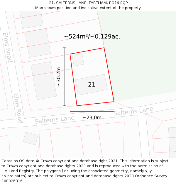21, SALTERNS LANE, FAREHAM, PO16 0QP: Plot and title map