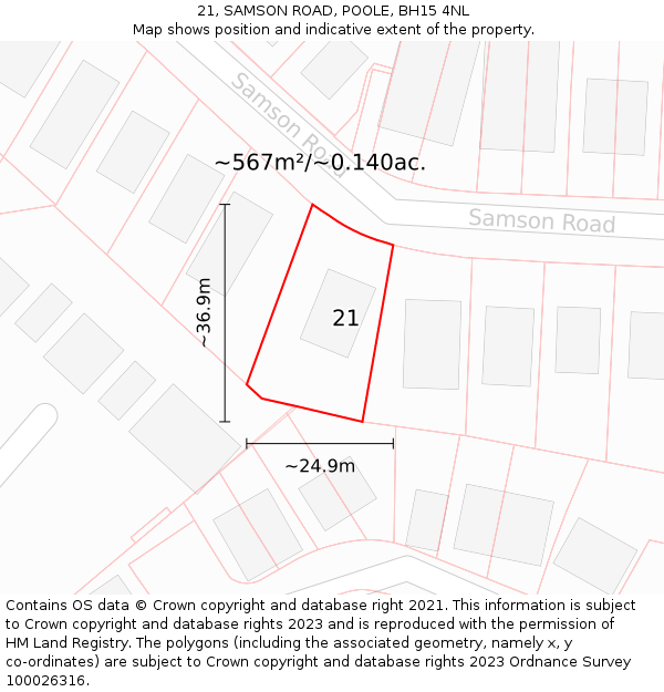 21, SAMSON ROAD, POOLE, BH15 4NL: Plot and title map