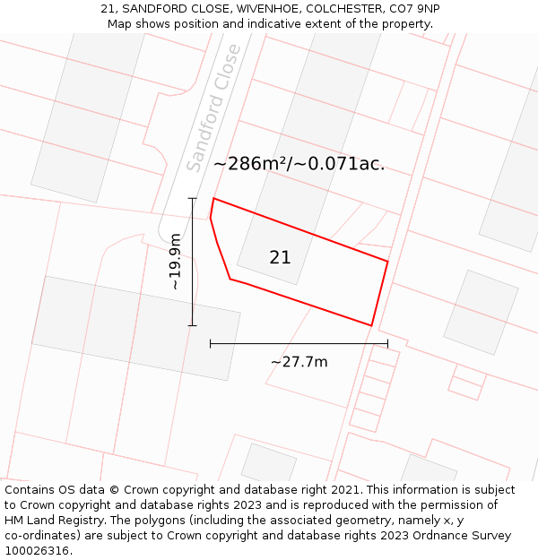 21, SANDFORD CLOSE, WIVENHOE, COLCHESTER, CO7 9NP: Plot and title map