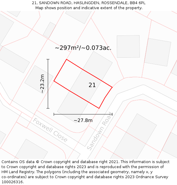 21, SANDOWN ROAD, HASLINGDEN, ROSSENDALE, BB4 6PL: Plot and title map