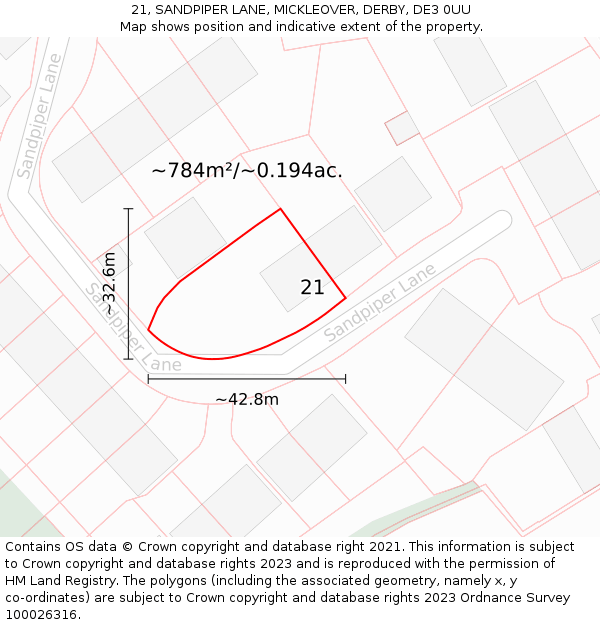 21, SANDPIPER LANE, MICKLEOVER, DERBY, DE3 0UU: Plot and title map