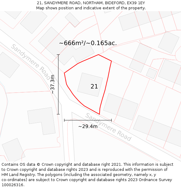 21, SANDYMERE ROAD, NORTHAM, BIDEFORD, EX39 1EY: Plot and title map