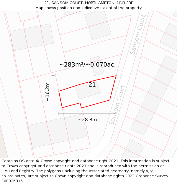 21, SANSOM COURT, NORTHAMPTON, NN3 3RP: Plot and title map