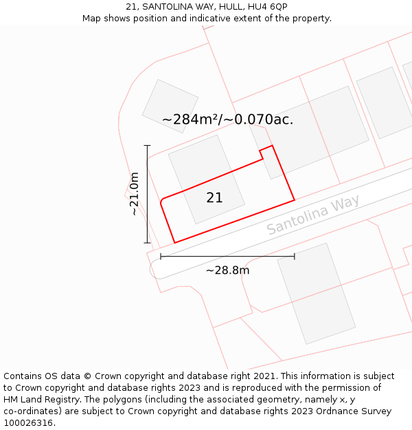 21, SANTOLINA WAY, HULL, HU4 6QP: Plot and title map