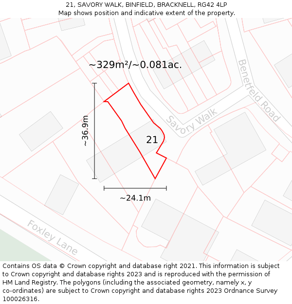 21, SAVORY WALK, BINFIELD, BRACKNELL, RG42 4LP: Plot and title map