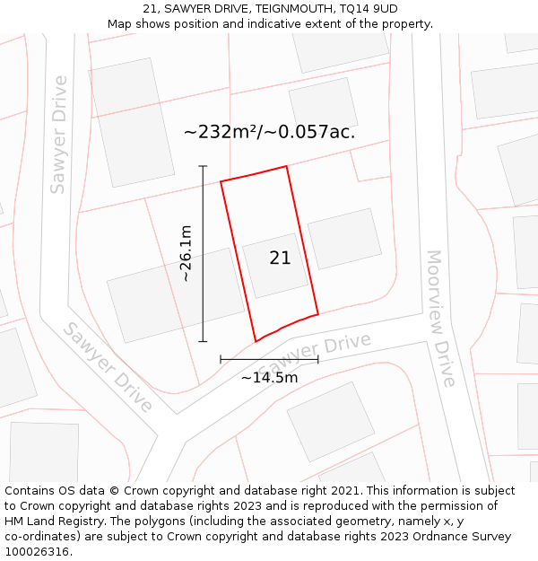 21, SAWYER DRIVE, TEIGNMOUTH, TQ14 9UD: Plot and title map