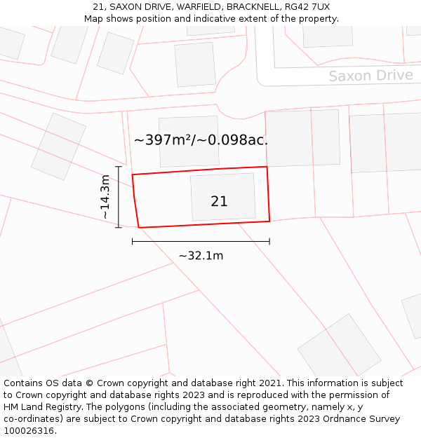 21, SAXON DRIVE, WARFIELD, BRACKNELL, RG42 7UX: Plot and title map