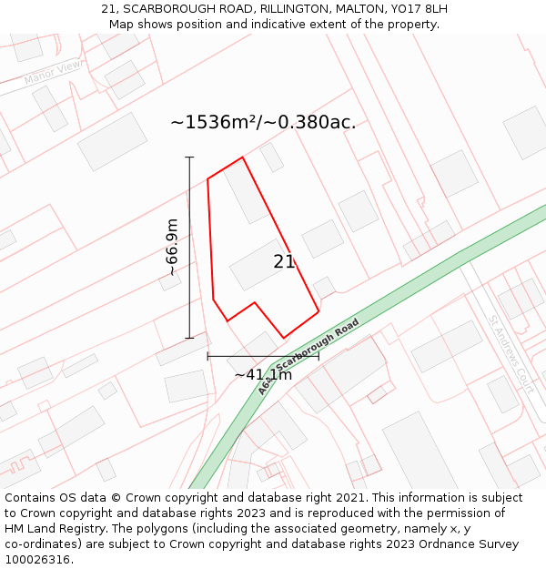 21, SCARBOROUGH ROAD, RILLINGTON, MALTON, YO17 8LH: Plot and title map