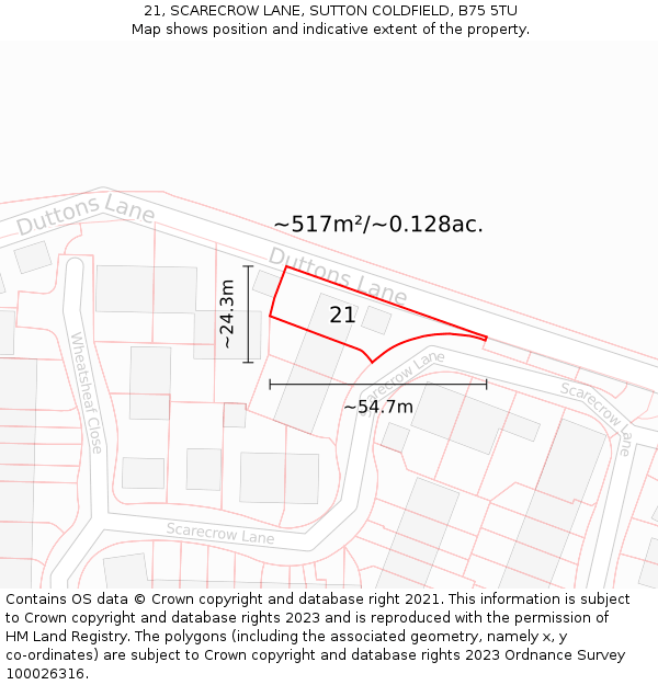 21, SCARECROW LANE, SUTTON COLDFIELD, B75 5TU: Plot and title map