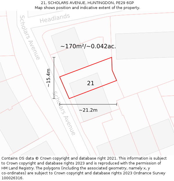 21, SCHOLARS AVENUE, HUNTINGDON, PE29 6GP: Plot and title map