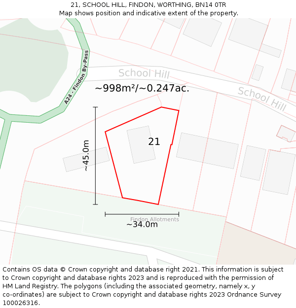 21, SCHOOL HILL, FINDON, WORTHING, BN14 0TR: Plot and title map