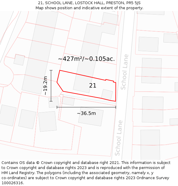21, SCHOOL LANE, LOSTOCK HALL, PRESTON, PR5 5JS: Plot and title map