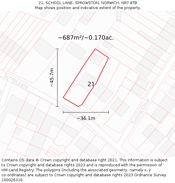 21, SCHOOL LANE, SPROWSTON, NORWICH, NR7 8TB: Plot and title map