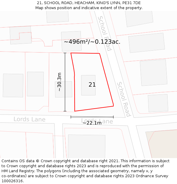 21, SCHOOL ROAD, HEACHAM, KING'S LYNN, PE31 7DE: Plot and title map