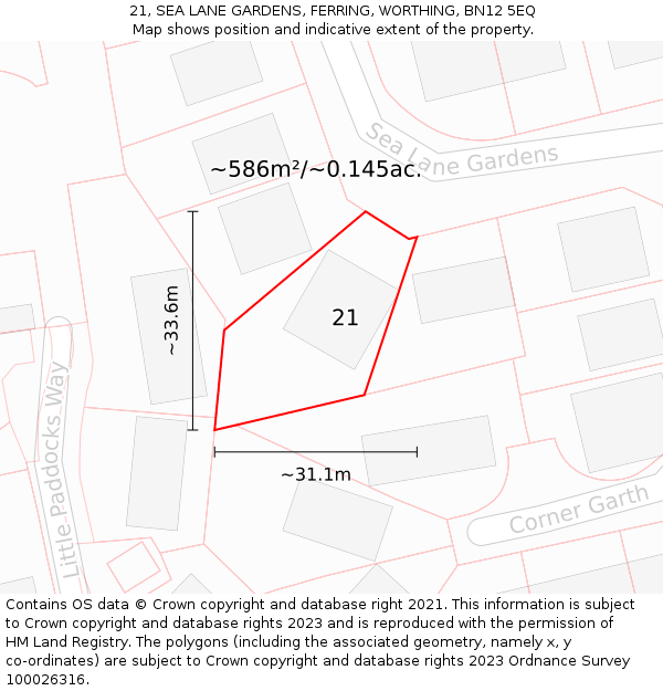 21, SEA LANE GARDENS, FERRING, WORTHING, BN12 5EQ: Plot and title map