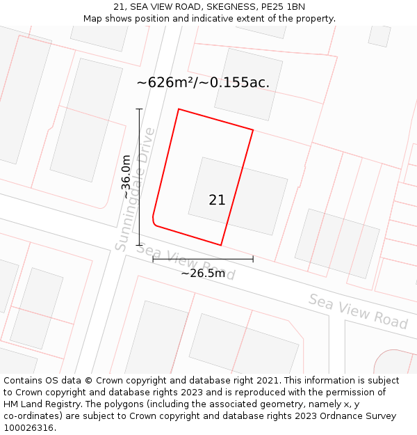 21, SEA VIEW ROAD, SKEGNESS, PE25 1BN: Plot and title map