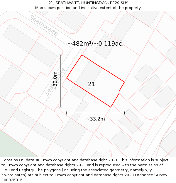 21, SEATHWAITE, HUNTINGDON, PE29 6UY: Plot and title map