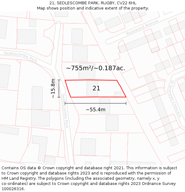 21, SEDLESCOMBE PARK, RUGBY, CV22 6HL: Plot and title map
