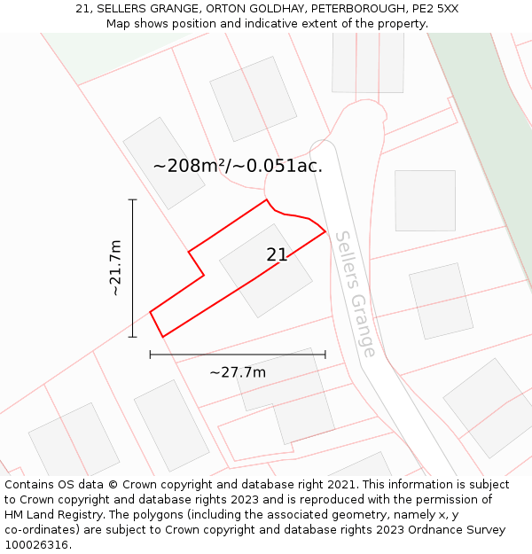 21, SELLERS GRANGE, ORTON GOLDHAY, PETERBOROUGH, PE2 5XX: Plot and title map