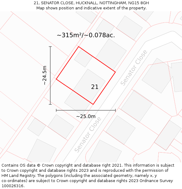 21, SENATOR CLOSE, HUCKNALL, NOTTINGHAM, NG15 8GH: Plot and title map