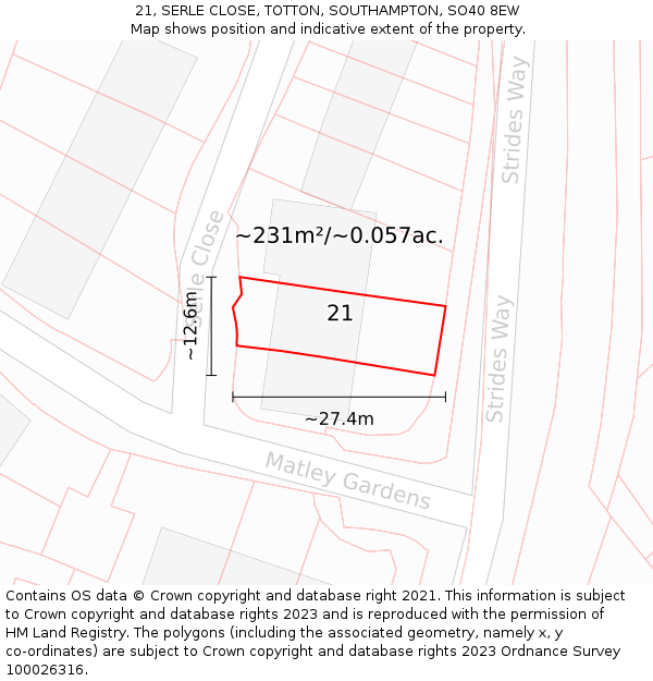 21, SERLE CLOSE, TOTTON, SOUTHAMPTON, SO40 8EW: Plot and title map
