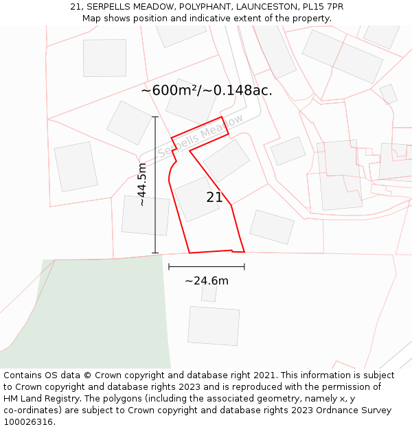 21, SERPELLS MEADOW, POLYPHANT, LAUNCESTON, PL15 7PR: Plot and title map