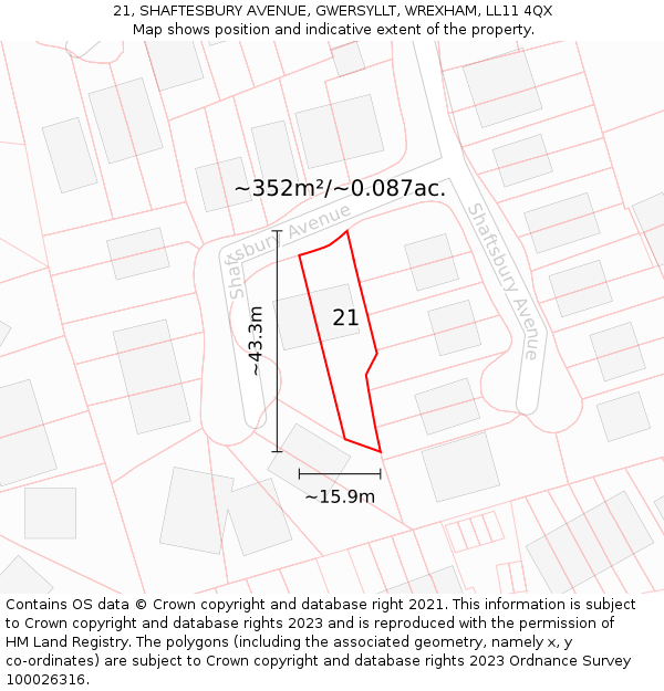 21, SHAFTESBURY AVENUE, GWERSYLLT, WREXHAM, LL11 4QX: Plot and title map