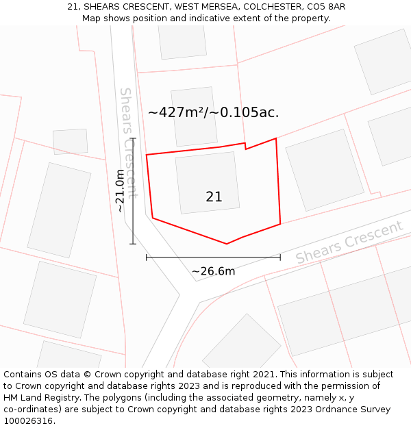 21, SHEARS CRESCENT, WEST MERSEA, COLCHESTER, CO5 8AR: Plot and title map