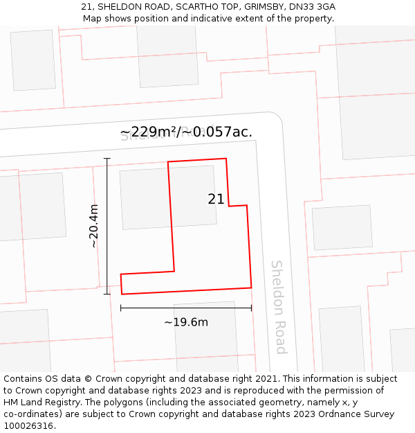 21, SHELDON ROAD, SCARTHO TOP, GRIMSBY, DN33 3GA: Plot and title map