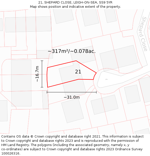 21, SHEPARD CLOSE, LEIGH-ON-SEA, SS9 5YR: Plot and title map