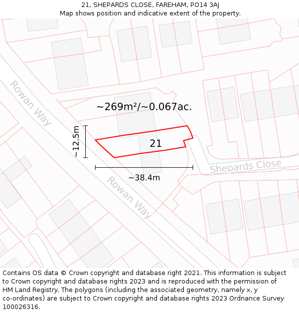 21, SHEPARDS CLOSE, FAREHAM, PO14 3AJ: Plot and title map