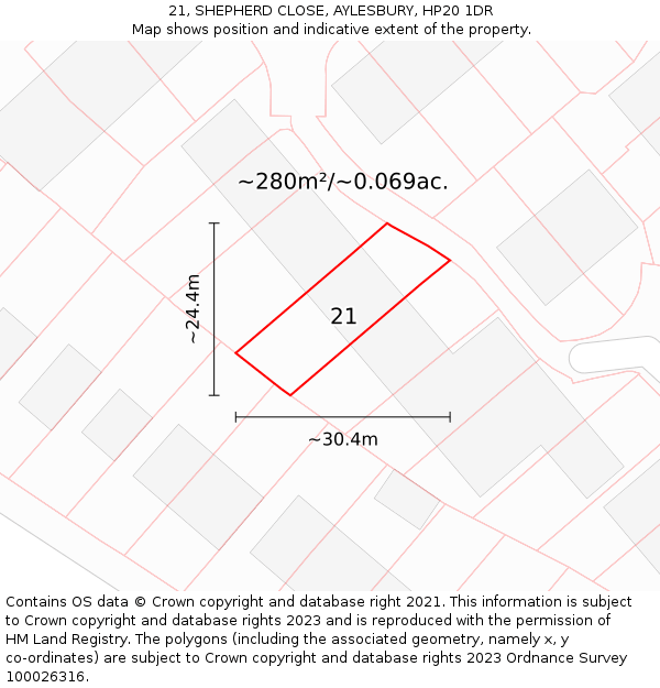 21, SHEPHERD CLOSE, AYLESBURY, HP20 1DR: Plot and title map